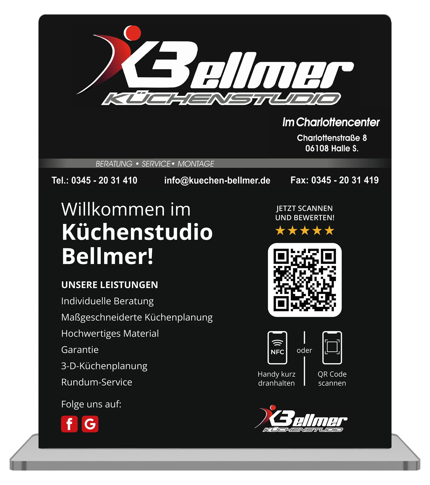 Acrylaufsteller mit QR-Code für das Küchenstudio Bellmer