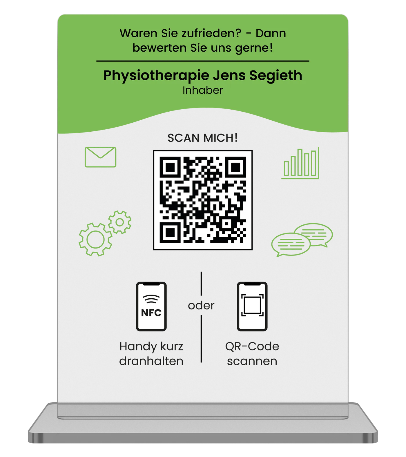 Acrylaufsteller mit QR-Code für die Physiotherapie Jens Segieth