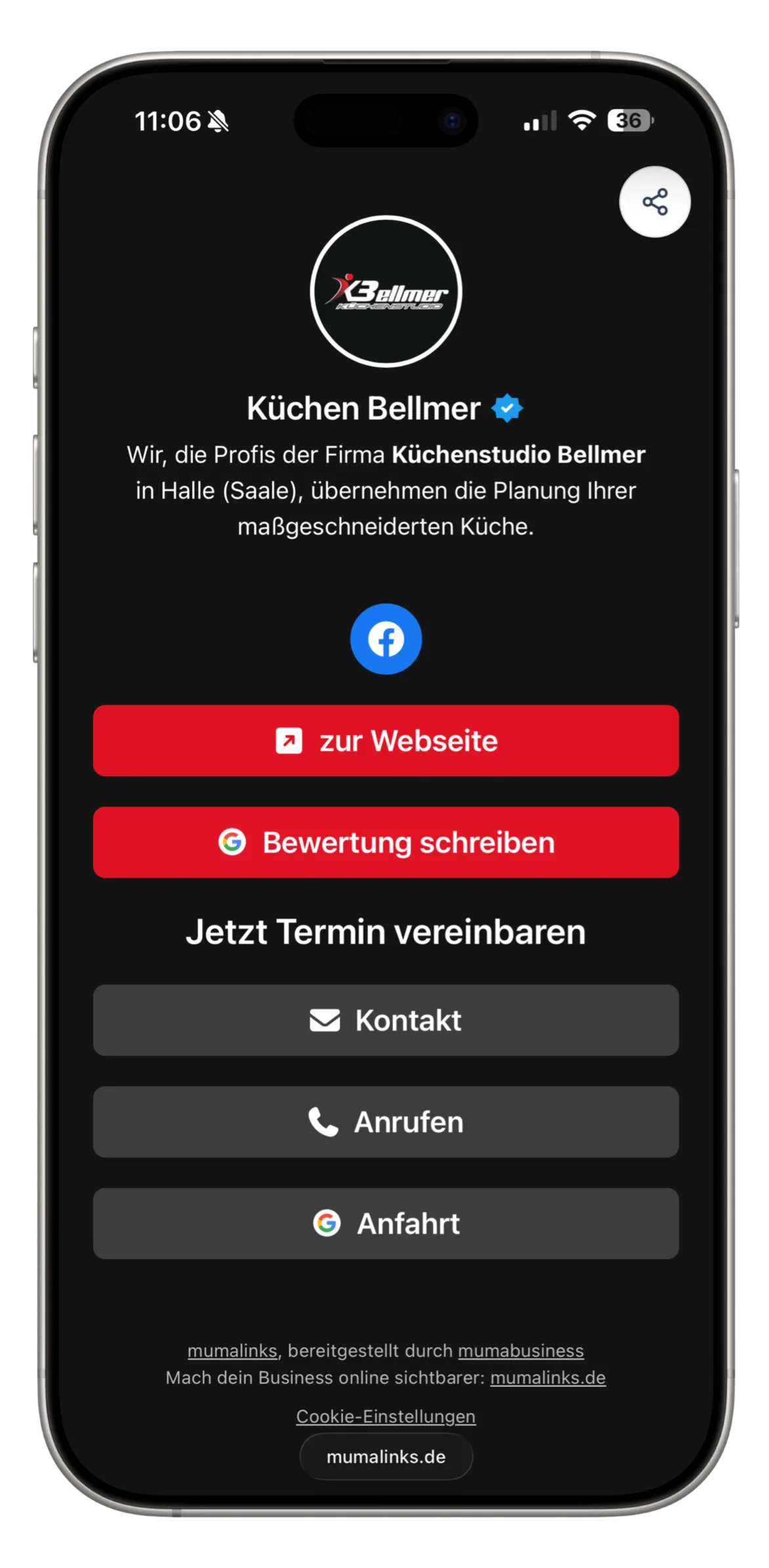 Smartphone zeigt die mumalinks-Profilseite vom Küchenstudio Bellmer