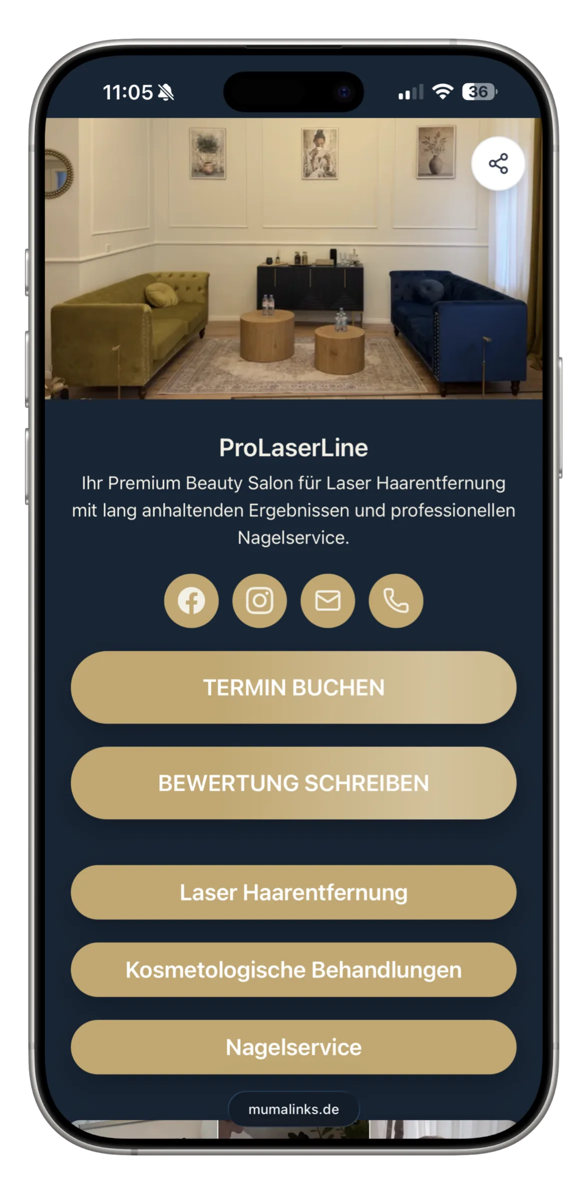 Smartphone zeigt die mumalinks-Profilseite von Prolaserline